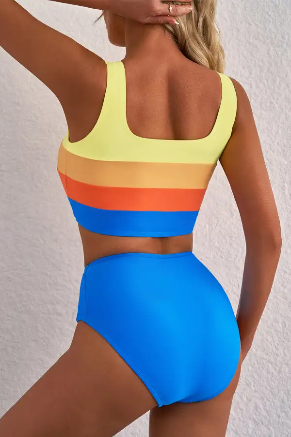 Blocked Pattern Square Neck Top Bikini Swim Set