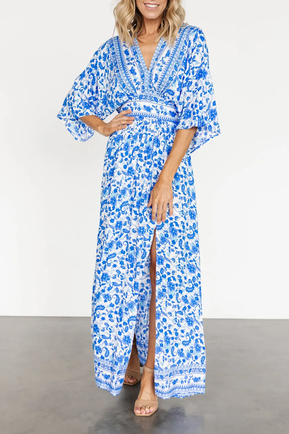 Blue Floral Slit High-Waisted  Dress