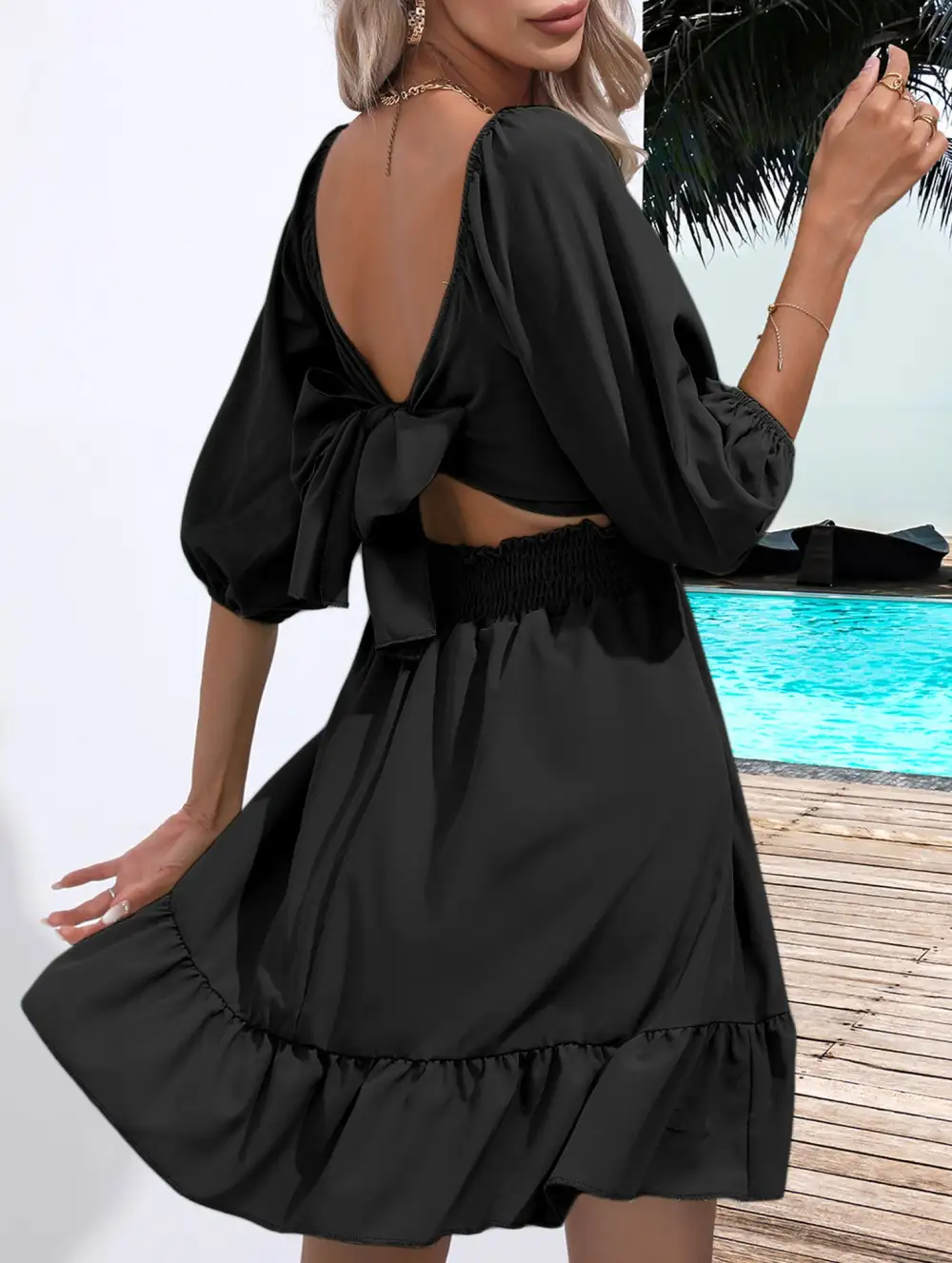 Square Neckline Ruffled Tie Up Short Dress