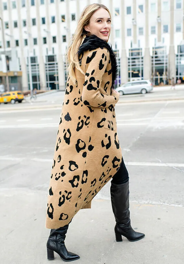 Leopard Fox Collar Duster Sweater