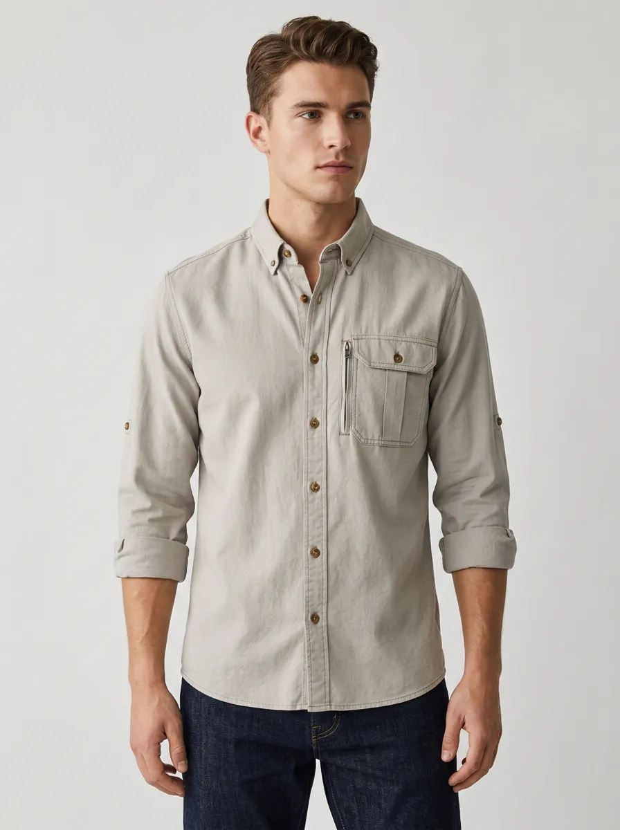 Men's Casual Outdoor Breathable Zipper Pocket Button-Down Shirt