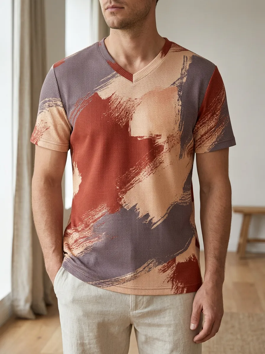 Men's Layered Abstract Brushstroke Pattern Waffle Knit V-Neck T-Shirt