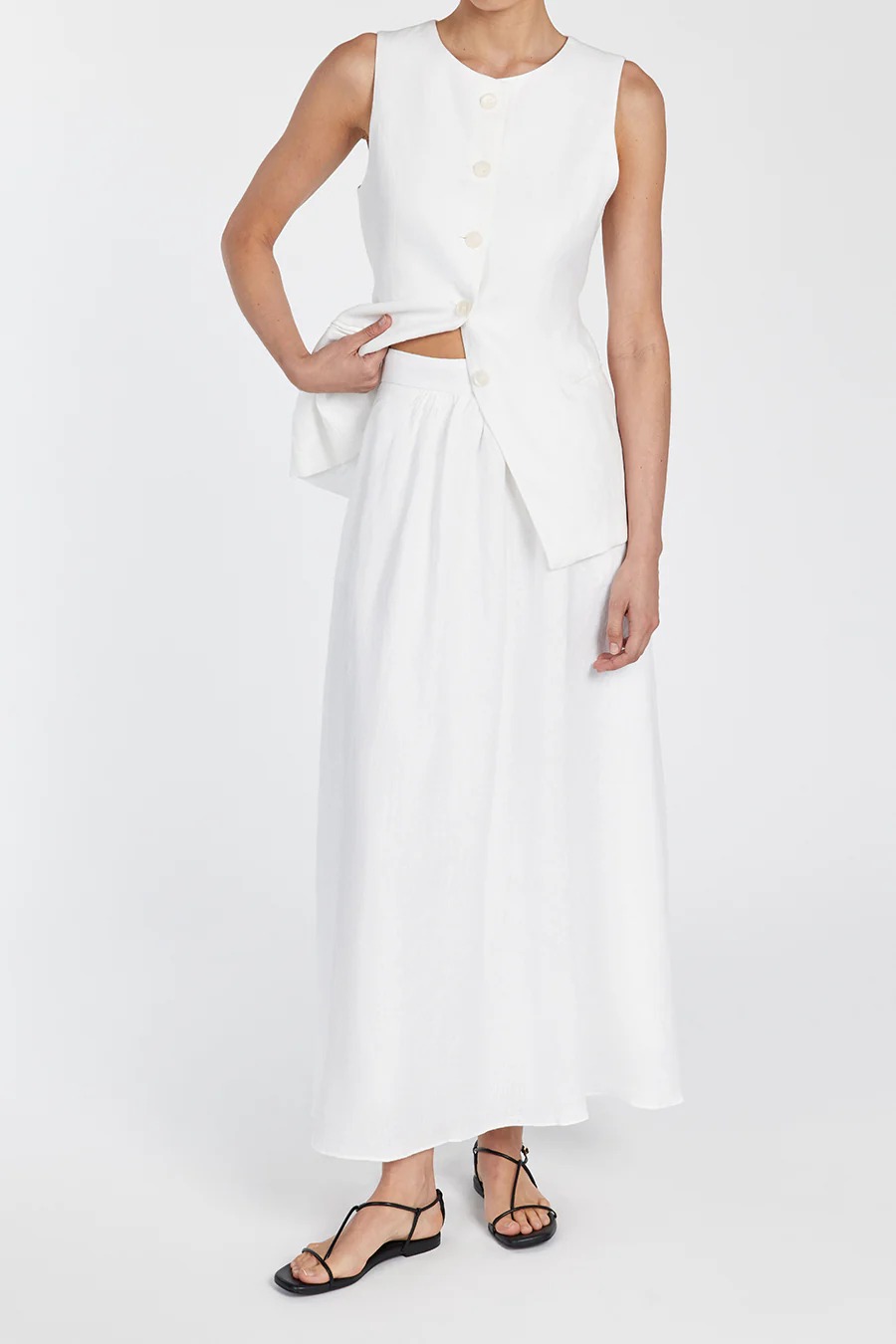 WHITE LINEN MIDI SKIRT