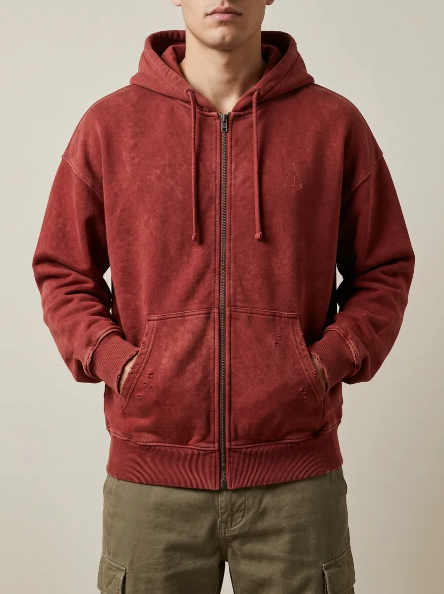 Men's Geometric Logo Distressed Red Zip Up Hoodie