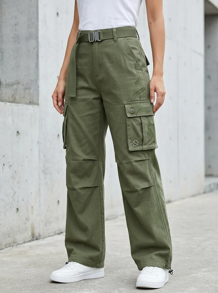 Flexible Embroidered Detail Multi Pocket Edit Women's Multi Pocket Cargo Pants