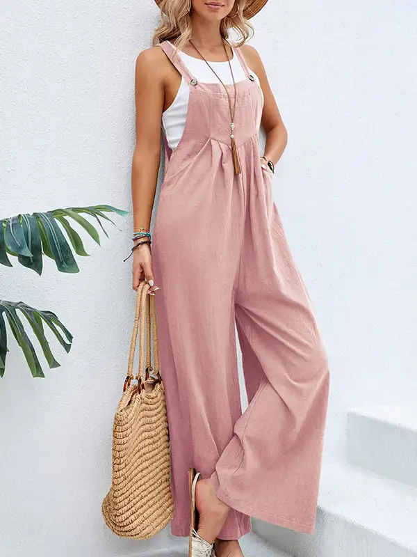 Loose Pleated Split-Joint Spaghetti-Neck Overalls
