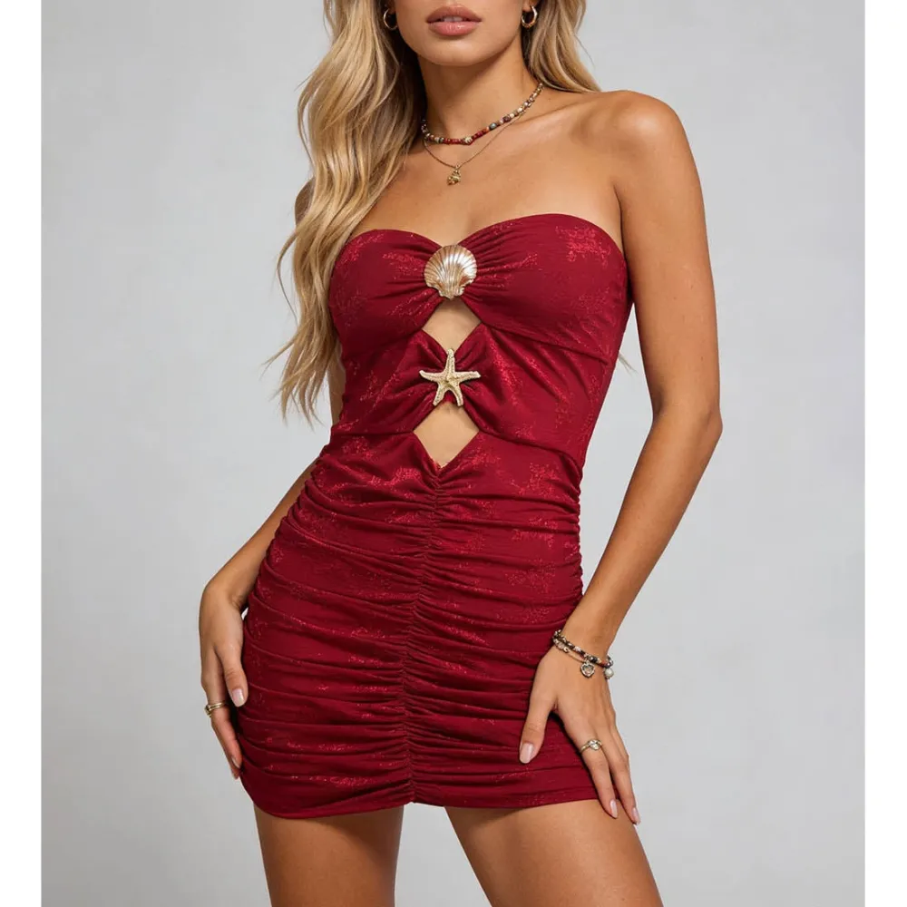 Strapless Ruched Cut Out Bodycon Mini Dress