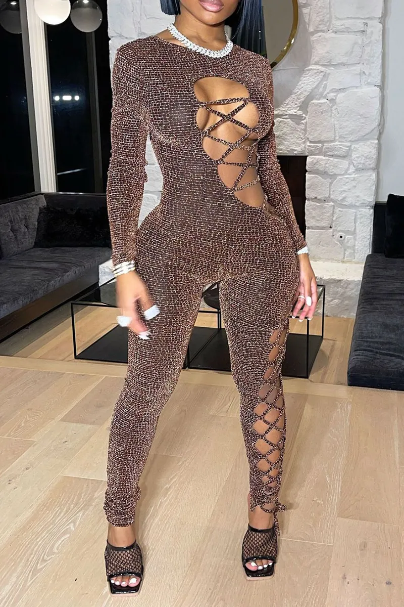Sexy Solid See-through O Neck Skinny Jumpsuits
