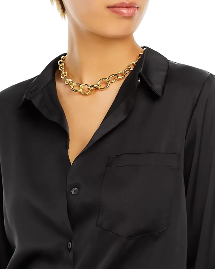 Lapel Satin Button Front Blouse