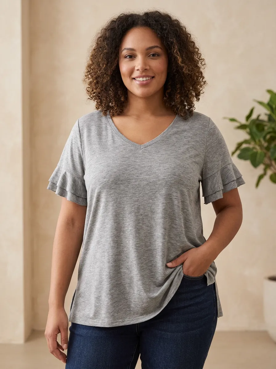 Women's Plus Size Grey Ruffle Sleeve V-Neck T-Shirt