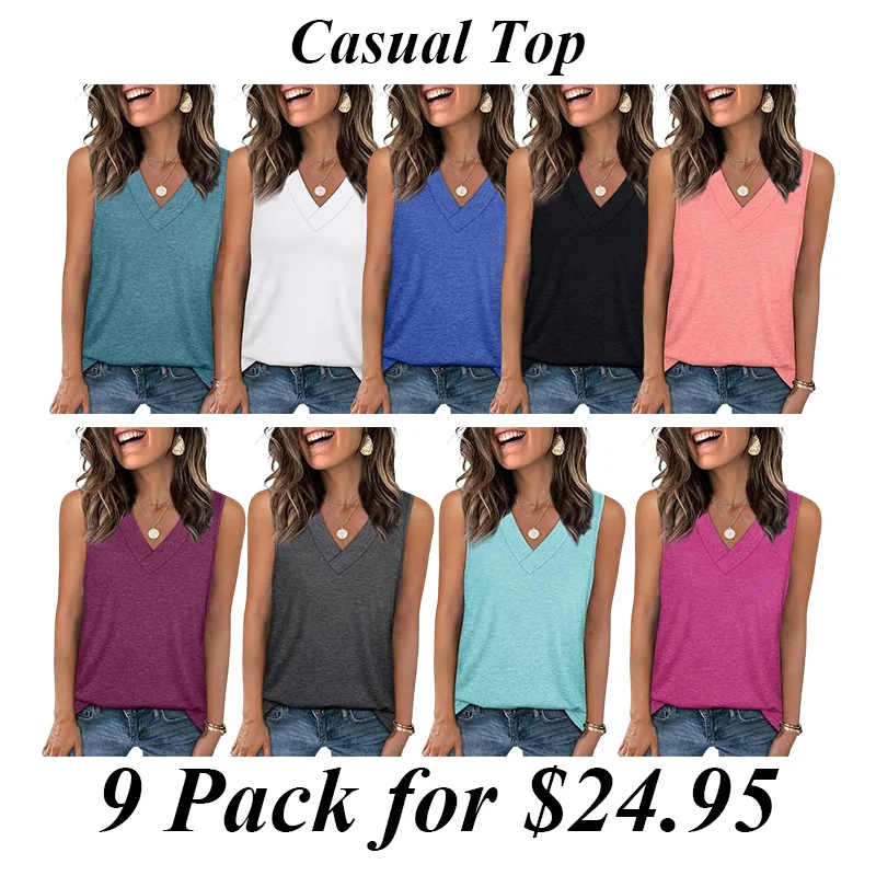 9PACK-Tank Tops for Women Summer V Neck T Shirts Trendy Sleeveless Basic Tee Loose Fit 2025 Fashion