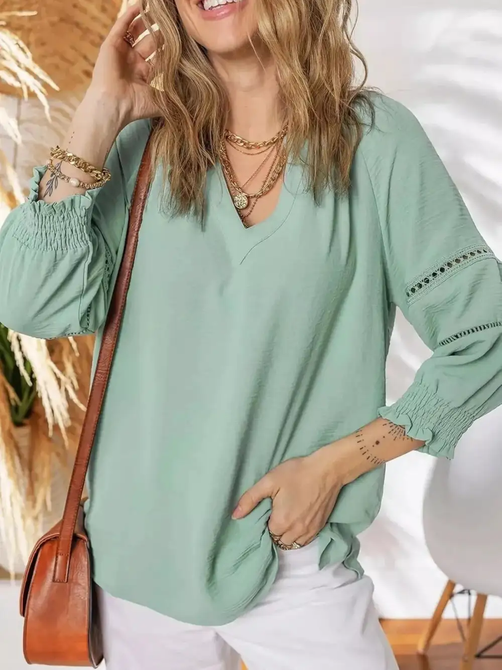 Smocked Long Sleeve Blouse