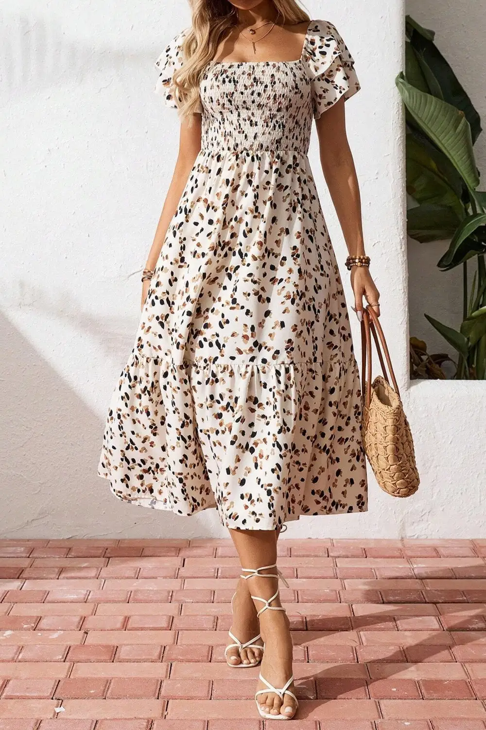 Square Neck Ruffle Midi Dress