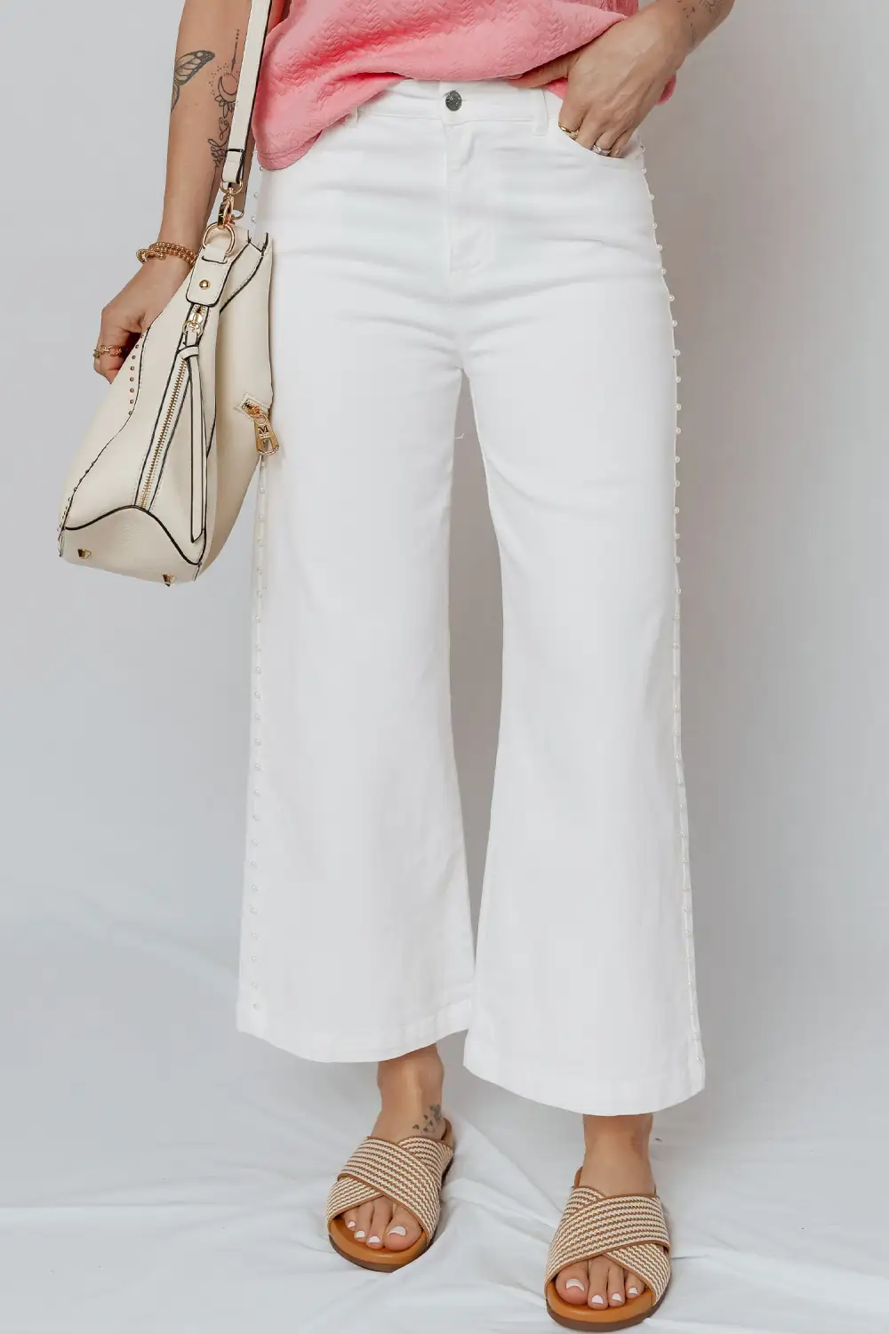 Pearl Embellished Side Seam Ankle-length Shift Jeans