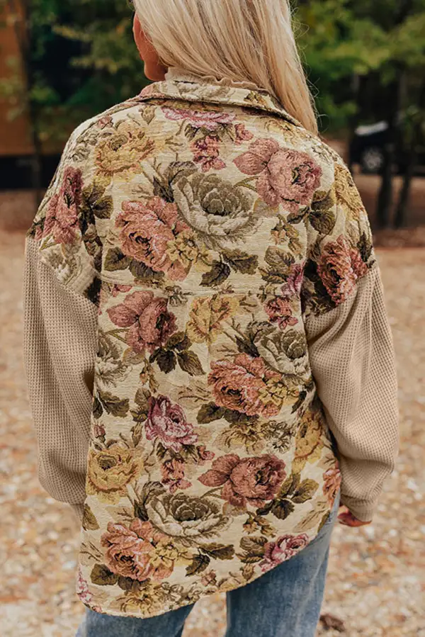 Floral Waffle Knit Patchwork Chest Pockets Button Jacket