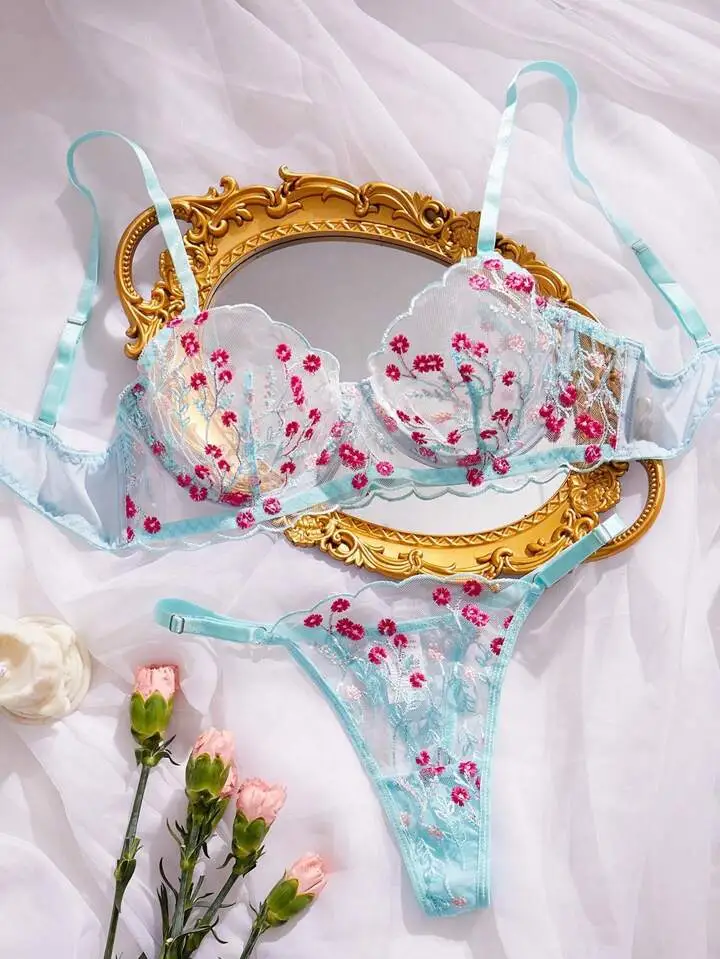 Refined Floral Embroidered Sheer Lingerie Set