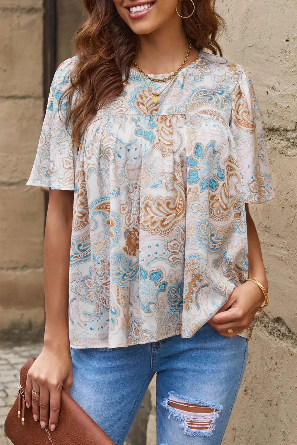 Modern Round Neck Printed Blouse