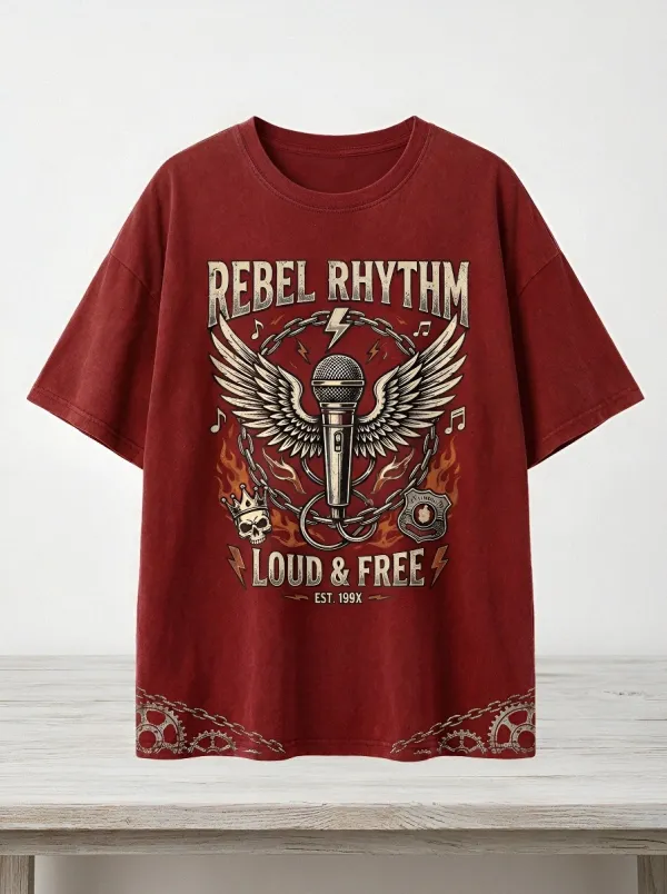 Unisex Rock Music Lover Winged Microphone Skull Printed T-shirt