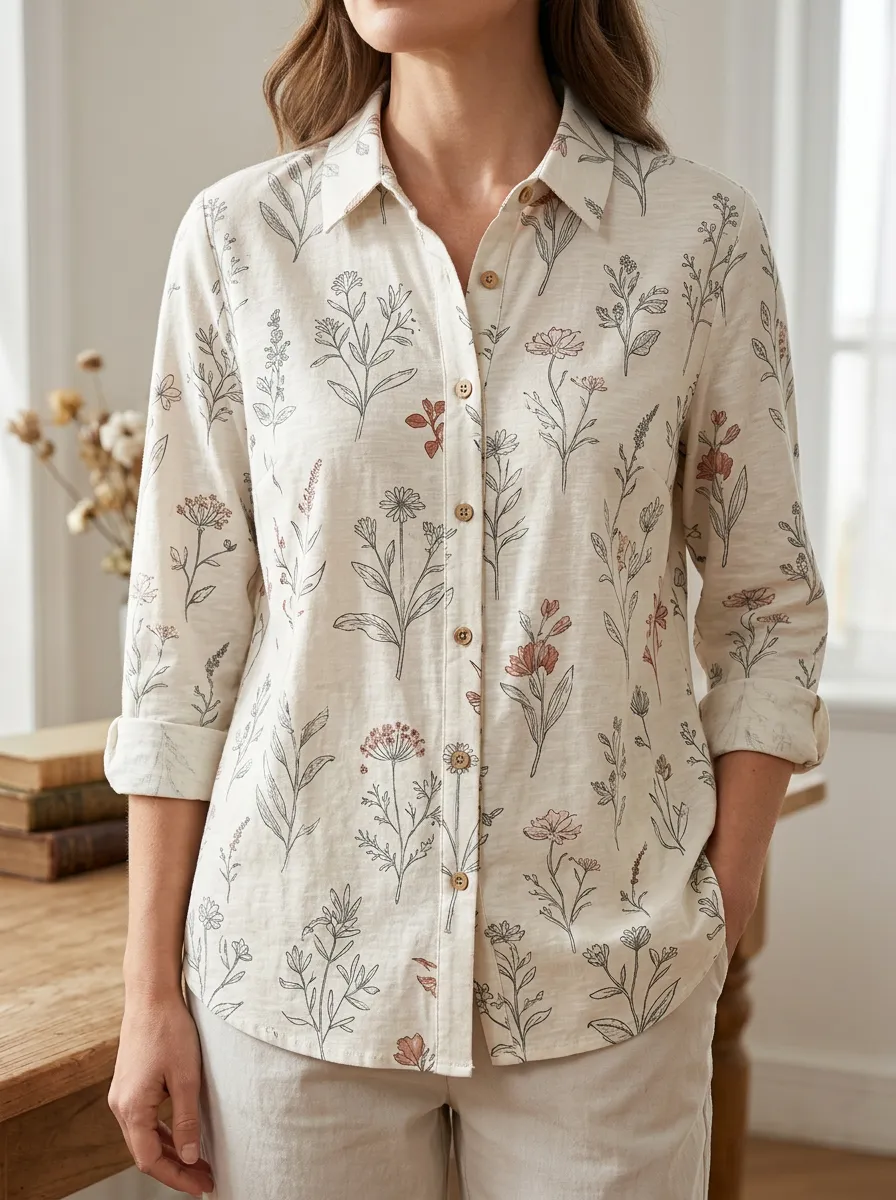 Women's Botanical Wildflower Printed Button-Down Shirt
