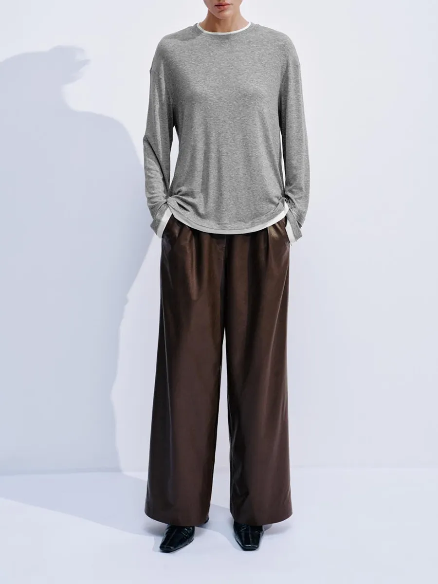 Lady's Grey Round-Neck Loose Long-Sleeved T-Shirt