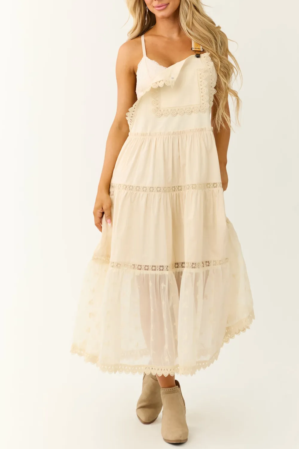 Almond Lace Tiered Overalls Maxi Dress