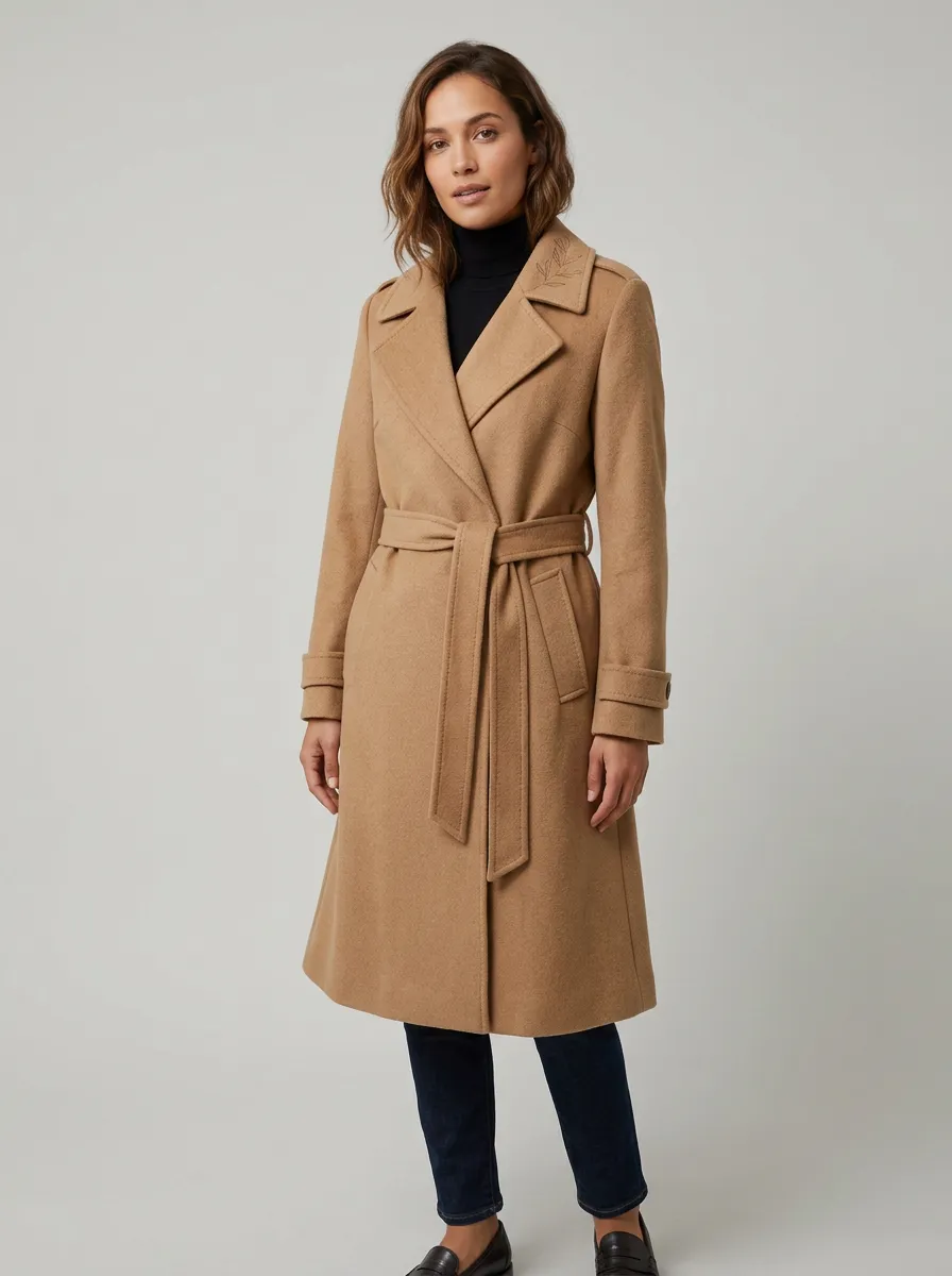 Women's Minimalist Leaf Embroidered Belted Coat