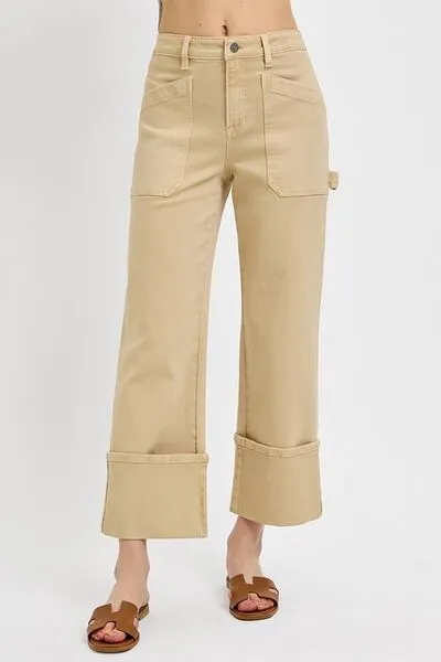 High Rise Wide Straight Cuffed Patch Denim Jeans