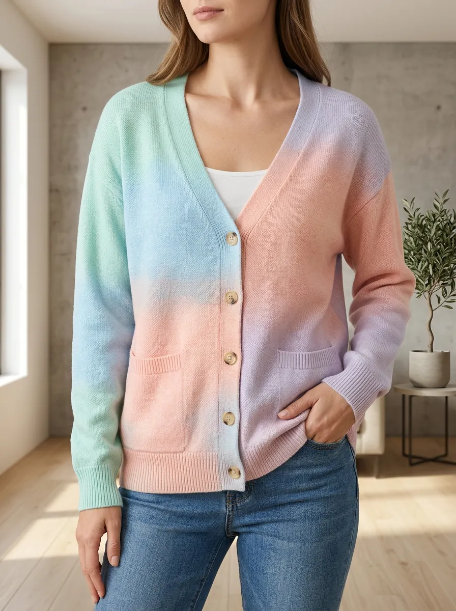Women's Pastel Tie-Dye Pattern Printed Patch Pocket Off-Duty Casual Cardigan