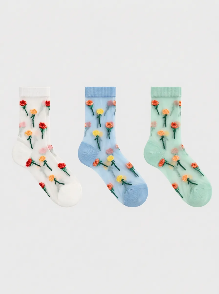 Women's Multicolor Floral Embroidered Sheer Crew Socks 3-Pack