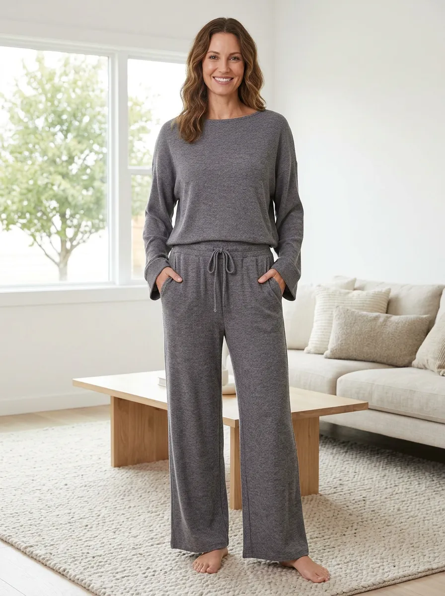 Women's Casual Daily Ribbed Wide Leg Homewear Set