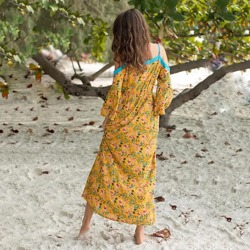Boho Off-the-shoulder Strap Long-sleeved Printed Dress Beach Casual Holiday Long Dress