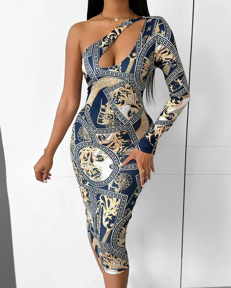 Print One Shoulder Cutout Bodycon Dress