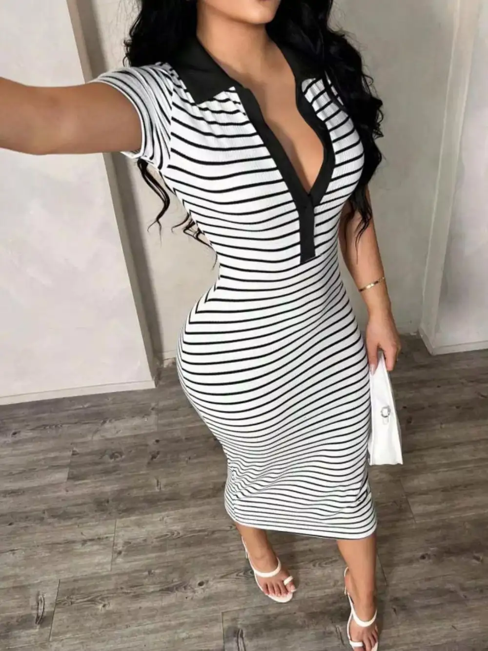 Striped Polo Collar Midi Dress