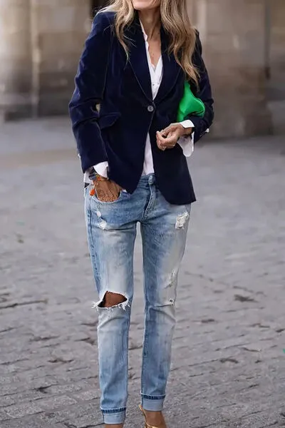 Single-Button Lapel-Collar Long-Sleeve Blazer