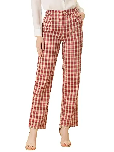 Women's Plaid Pants Elastic Waist Casual Work Office Long Trousers