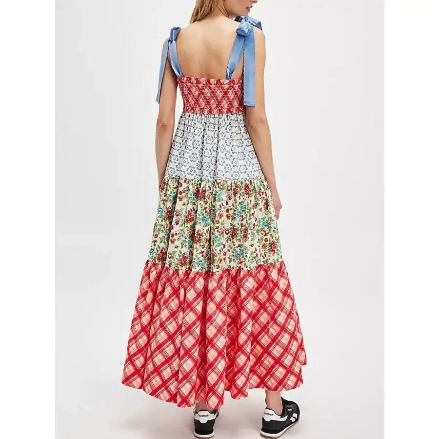 Smocked Tie Shoulder Printed Maxi Dress