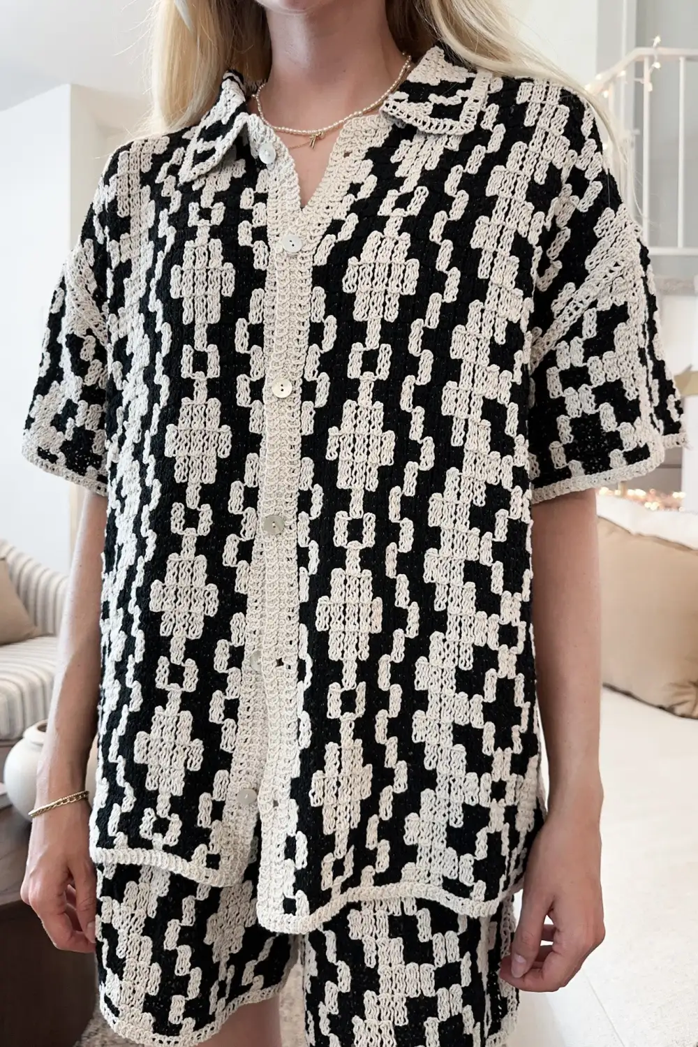 Cotton Crochet Button Front Button Down Shirt