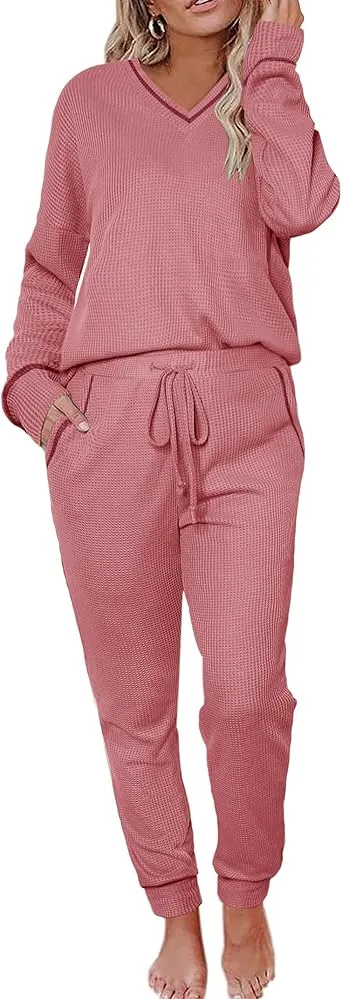 Women's Long Sleeve Knit Loungewear Set Jogger Pants Outfit