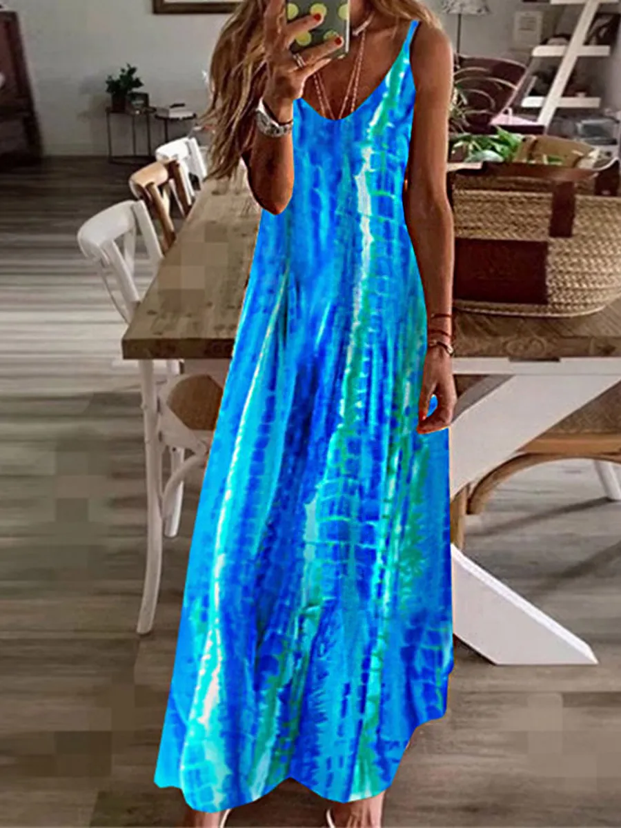 Casual Butterfly Floral Print Sleeveless Sling Maxi Dress