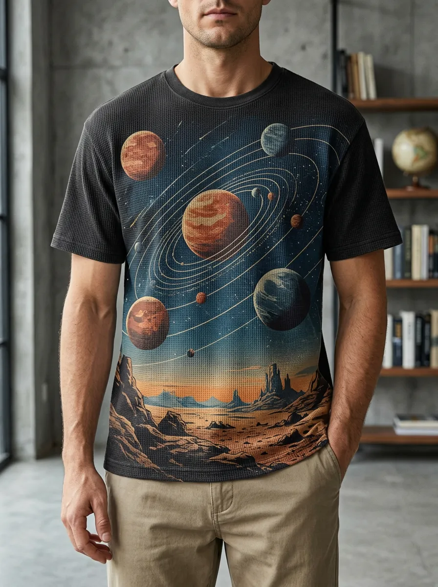 Men's Space Astronomy Solar System Waffle Crew Neck T-Shirt