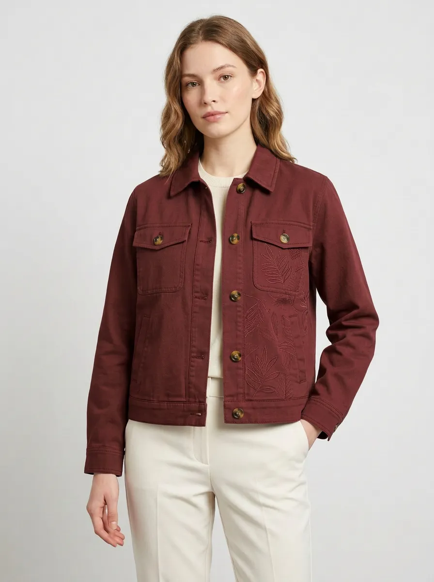 Women's Botanical Leaf Embroidered Cotton Jacket