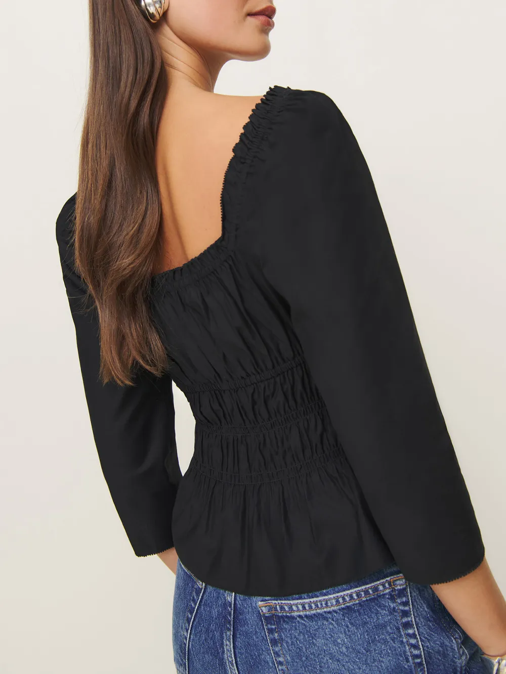 Ruched Square Neck Three Quarter Sleeve Blouse