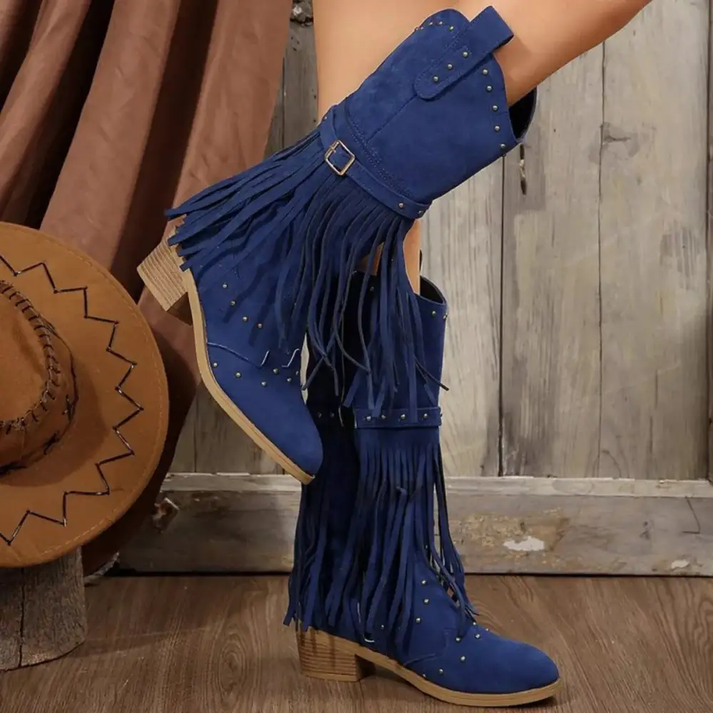 Refined Fringe Point Toe Block Heels Boots