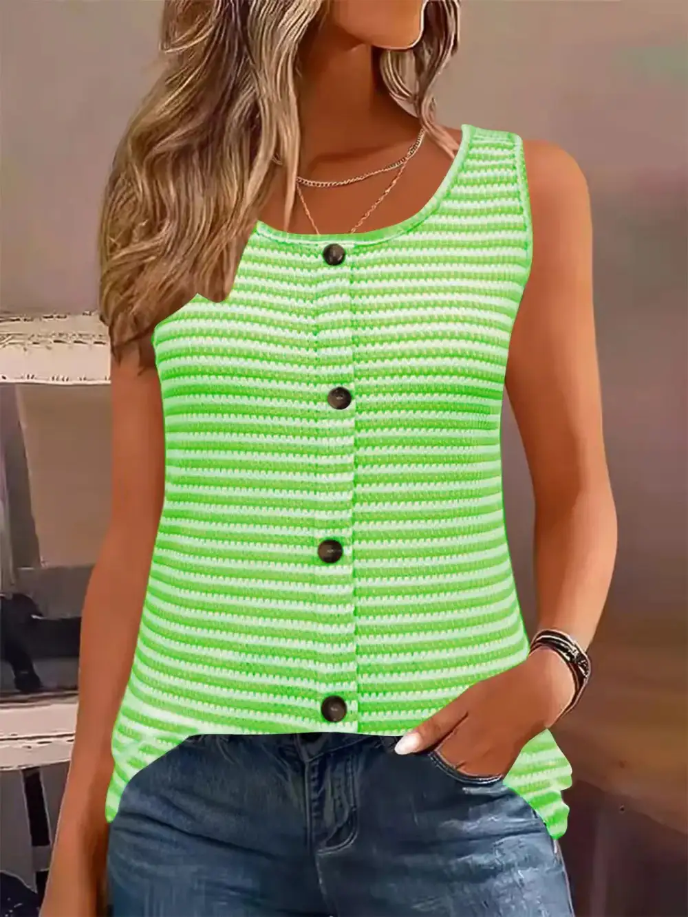 Striped Button-Front Knit Tank Top