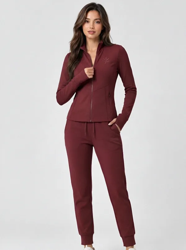 Women's Sage Green Leaf Zip-Up Jacket & Jogger Set