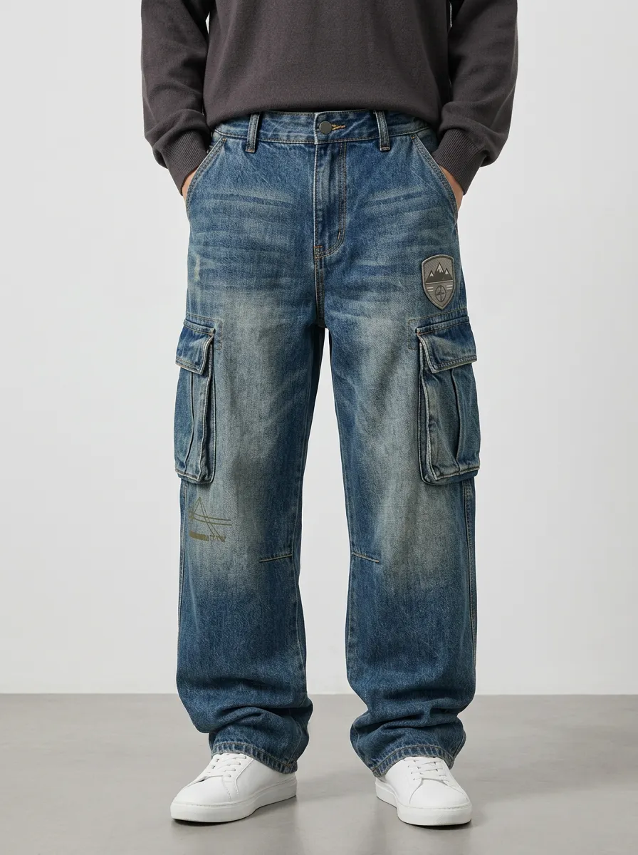 Men's Outdoor Adventure Mountain Patch Printed Cargo Jeans