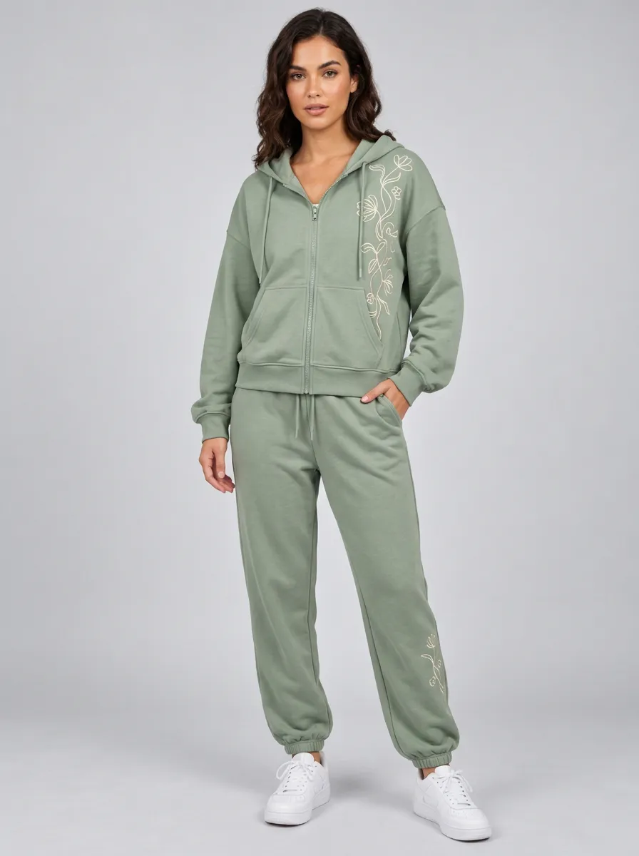Women's Sage Green Relaxed Zip-Up Hoodie Jacket & Jogger Set