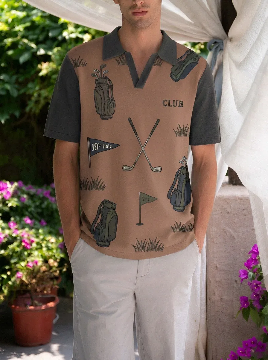 Men's Golf Lover 19th Hole Club Pattern Printed Polo Shirt