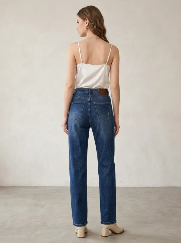 Women's Casual Fashion Asymmetric Waist Distressed Denim Jeans