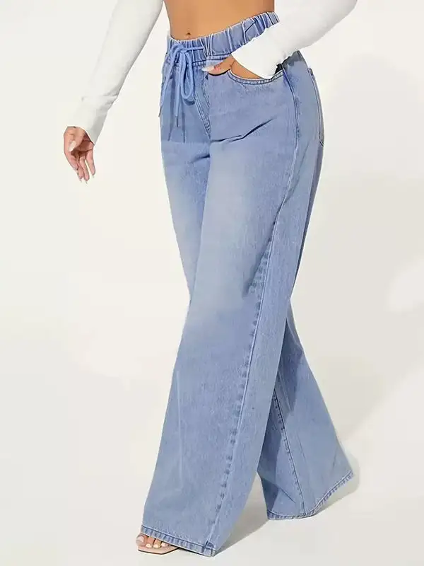 High Waist Relaxed Fit Straight Leg Seamed Drawstring Elastic Waist Jeans